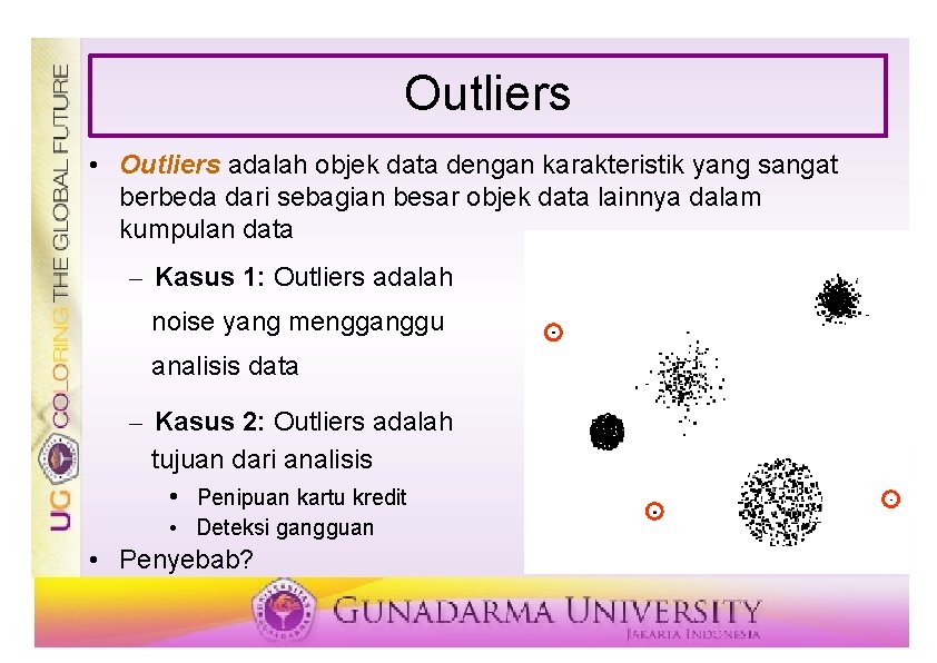 Outliers • Outliers adalah objek data dengan karakteristik yang sangat berbeda dari sebagian besar