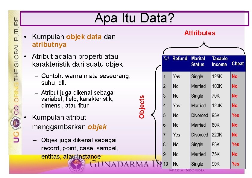 Apa Itu Data? Attributes • Kumpulan objek data dan atributnya • Atribut adalah properti