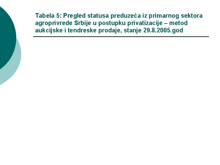 Tabela 5: Pregled statusa preduzeća iz primarnog sektora agroprivrede Srbije u postupku privatizacije –