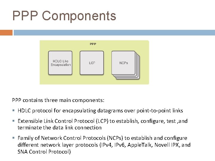 PPP Components PPP contains three main components: § HDLC protocol for encapsulating datagrams over