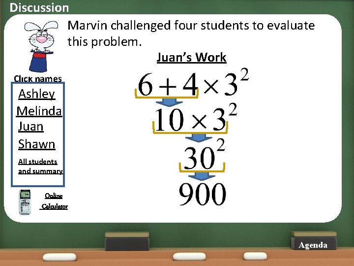 Discussion Marvin challenged four students to evaluate this problem. Juan’s Work Click names Ashley