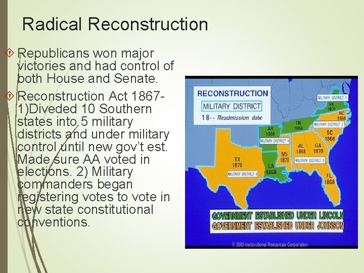 Radical Reconstruction Republicans won major victories and had control of both House and Senate.