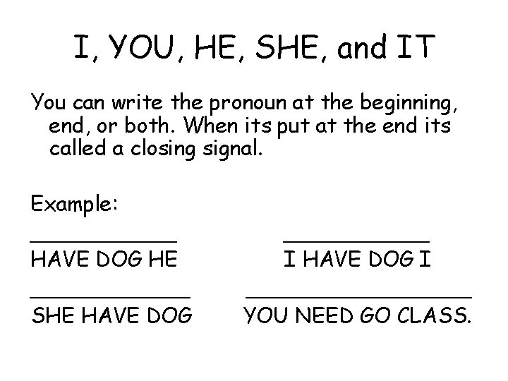 I, YOU, HE, SHE, and IT You can write the pronoun at the beginning,