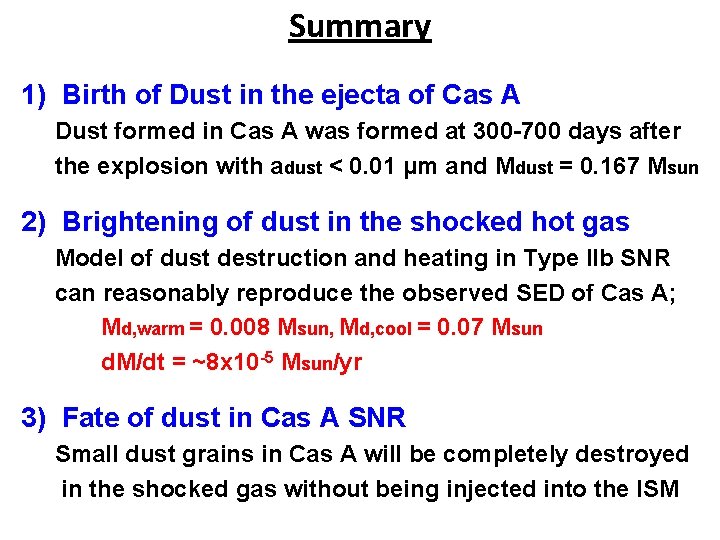 Summary 1) Birth of Dust in the ejecta of Cas A Dust formed in