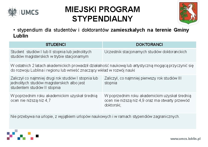 MIEJSKI PROGRAM STYPENDIALNY • stypendium dla studentów i doktorantów zamieszkałych na terenie Gminy Lublin