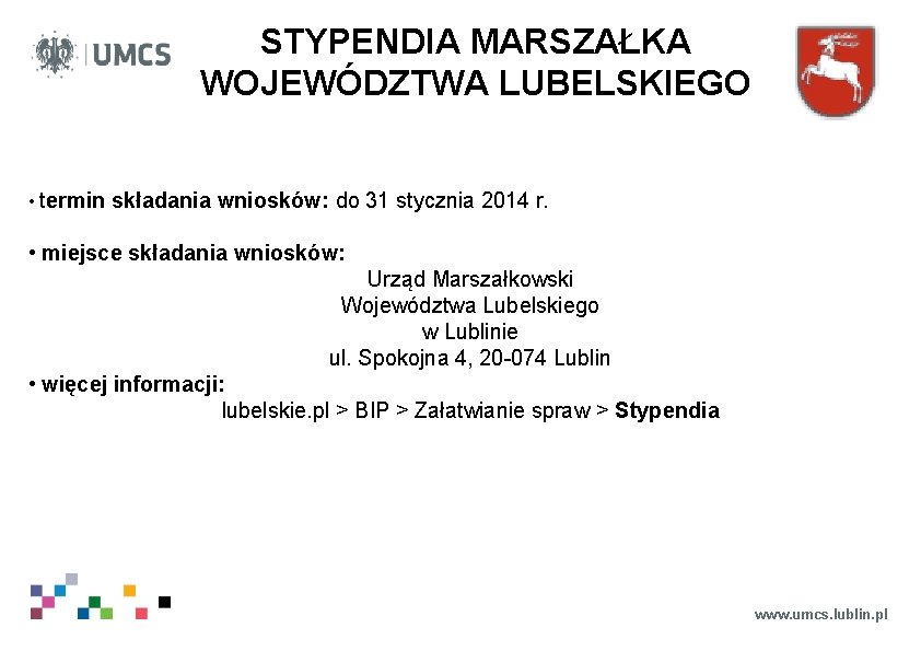 STYPENDIA MARSZAŁKA WOJEWÓDZTWA LUBELSKIEGO • termin składania wniosków: do 31 stycznia 2014 r. •