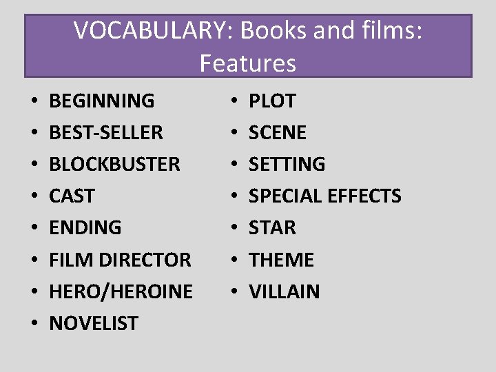 VOCABULARY: Books and films: Features • • BEGINNING BEST-SELLER BLOCKBUSTER CAST ENDING FILM DIRECTOR