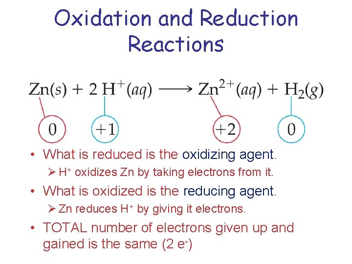 Oxidation and Reduction Reactions • What is reduced is the oxidizing agent. Ø H+