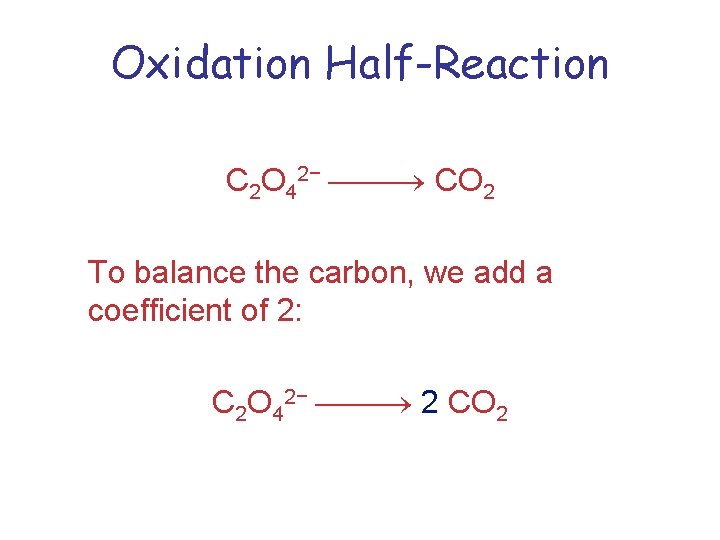 Oxidation Half-Reaction C 2 O 42− CO 2 To balance the carbon, we add