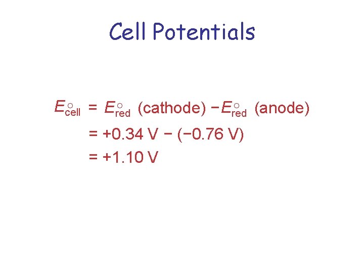 Cell Potentials Ecell = Ered (cathode) − Ered (anode) = +0. 34 V −