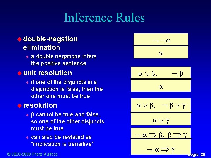 Inference Rules u double-negation elimination v a double negations infers the positive sentence u Inference Rules u double-negation elimination v a double negations infers the positive sentence u