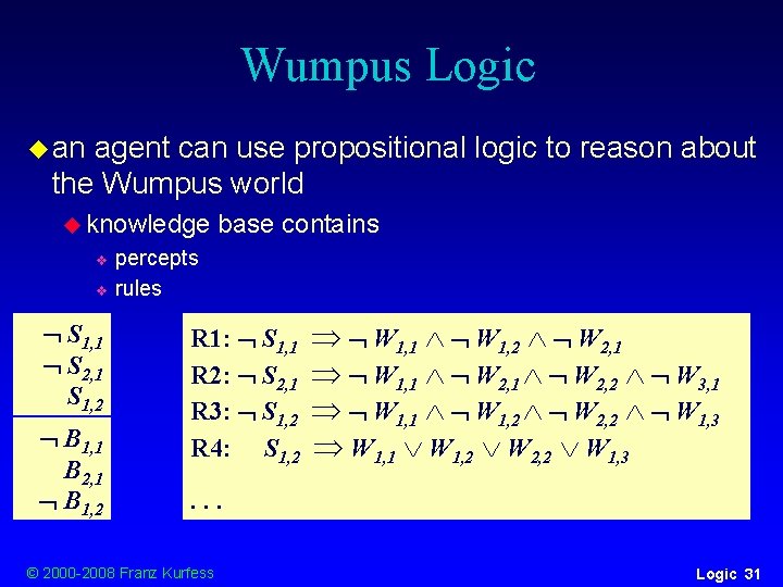 Wumpus Logic u an agent can use propositional logic to reason about the Wumpus Wumpus Logic u an agent can use propositional logic to reason about the Wumpus