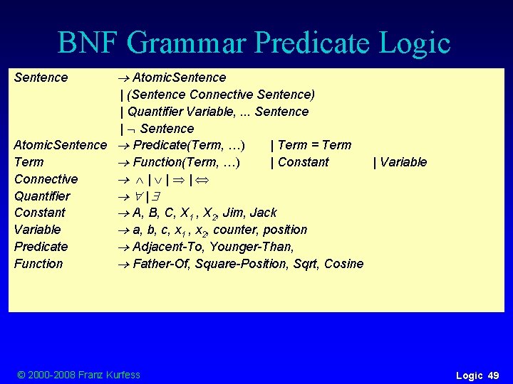 BNF Grammar Predicate Logic Sentence Atomic. Sentence | (Sentence Connective Sentence) | Quantifier Variable, BNF Grammar Predicate Logic Sentence Atomic. Sentence | (Sentence Connective Sentence) | Quantifier Variable,