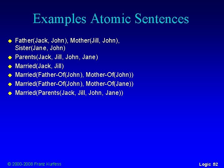 Examples Atomic Sentences u u u Father(Jack, John), Mother(Jill, John), Sister(Jane, John) Parents(Jack, Jill, Examples Atomic Sentences u u u Father(Jack, John), Mother(Jill, John), Sister(Jane, John) Parents(Jack, Jill,