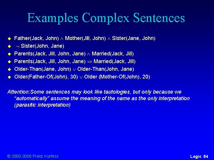 Examples Complex Sentences u u u Father(Jack, John) Mother(Jill, John) Sister(Jane, John) Sister(John, Jane) Examples Complex Sentences u u u Father(Jack, John) Mother(Jill, John) Sister(Jane, John) Sister(John, Jane)