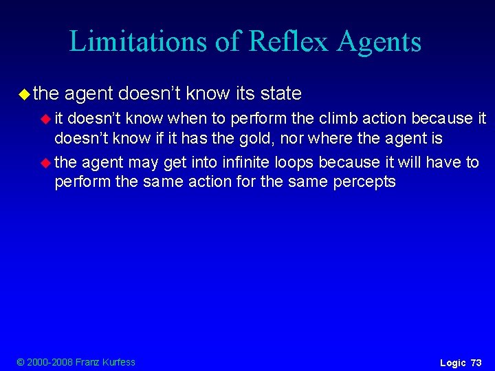 Limitations of Reflex Agents u the agent doesn’t know its state u it doesn’t Limitations of Reflex Agents u the agent doesn’t know its state u it doesn’t