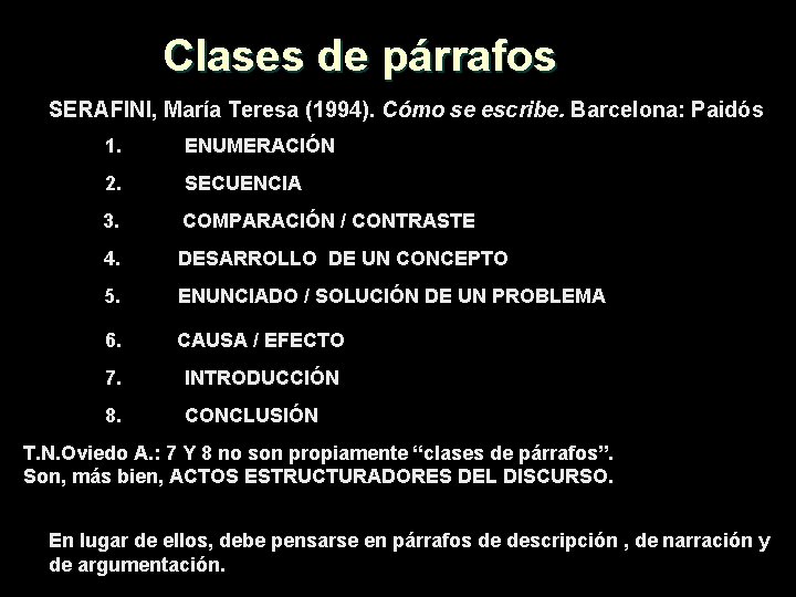 Clases de párrafos SERAFINI, María Teresa (1994). Cómo se escribe. Barcelona: Paidós 1. ENUMERACIÓN