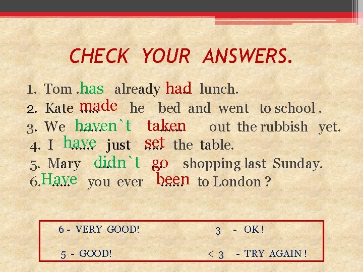 CHECK YOUR ANSWERS. has had 1. Tom … already …. . lunch. made 2.