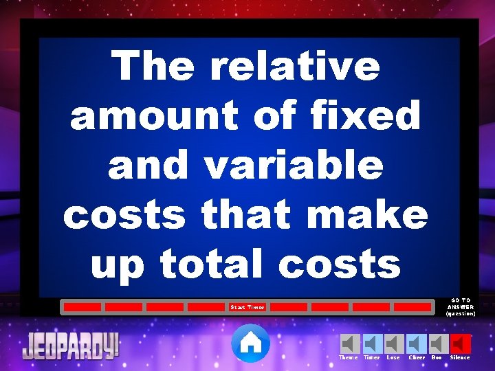 The relative amount of fixed and variable costs that make up total costs GO