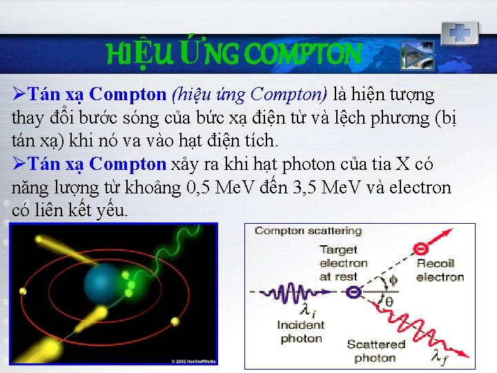 HIỆU ỨNG COMPTON ØTán xạ Compton (hiệu ứng Compton) là hiện tượng thay đổi