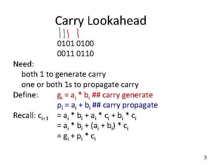 Carry Lookahead 0101 0100 0011 0110 Need: both 1 to generate carry one or