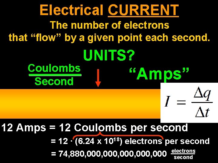 Electrical CURRENT The number of electrons that “flow” by a given point each second.