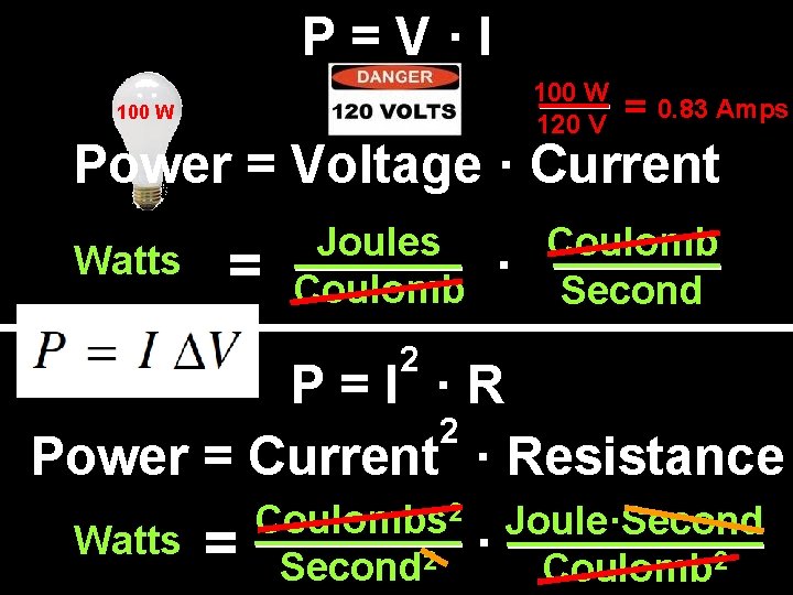 P=V·I 100 W 120 V 100 W = 0. 83 ? Amps Power =