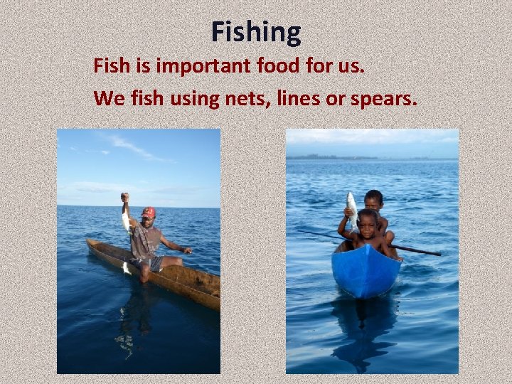 Fishing Fish is important food for us. We fish using nets, lines or spears.
