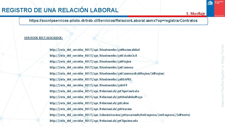 REGISTRO DE UNA RELACIÓN LABORAL E. Muellaje https: //sccnlpservices-piloto. dirtrab. cl/Servicios/Relacion. Laboral. asmx? op=registrar.