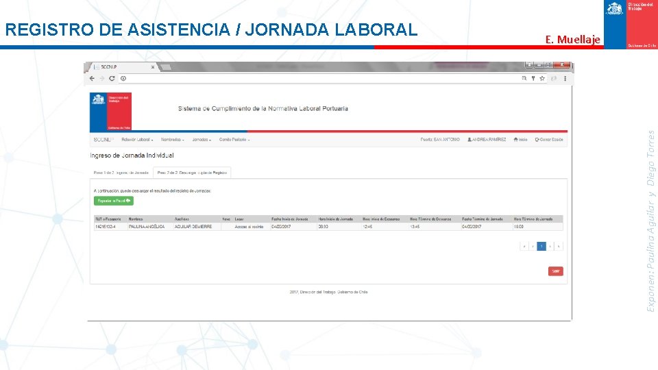 E. Muellaje Exponen: Paulina Aguilar y Diego Torres REGISTRO DE ASISTENCIA / JORNADA LABORAL