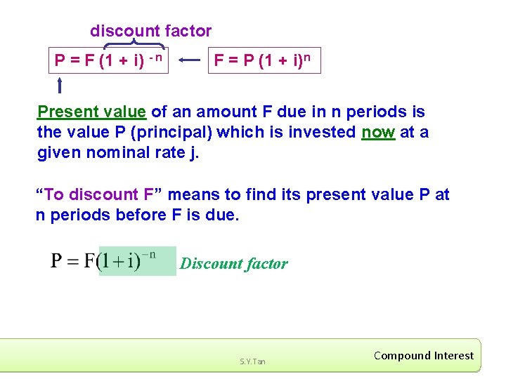 discount factor P = F (1 + i) - n F = P (1