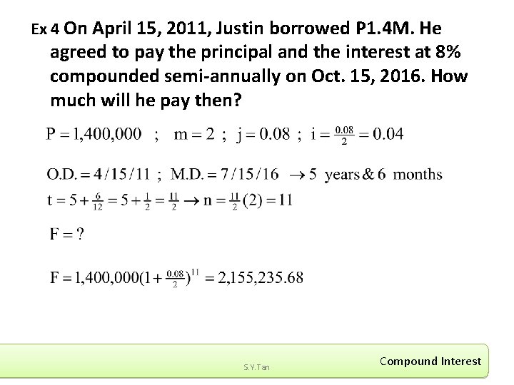 Ex 4 On April 15, 2011, Justin borrowed P 1. 4 M. He agreed