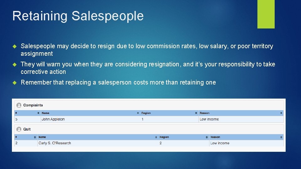 Retaining Salespeople may decide to resign due to low commission rates, low salary, or