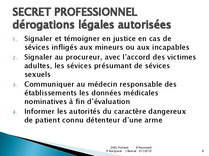 SECRET PROFESSIONNEL dérogations légales autorisées 1. 2. 3. 4. Signaler et témoigner en justice