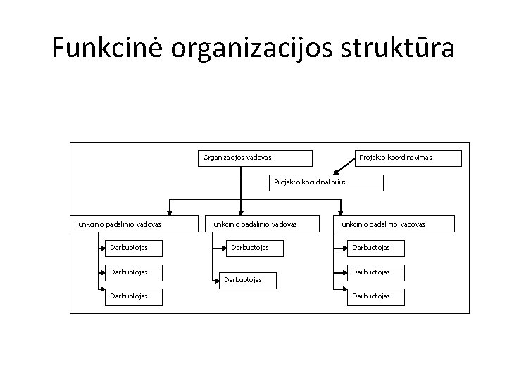 Funkcinė organizacijos struktūra Organizacijos vadovas Projekto koordinavimas Projekto koordinatorius Funkcinio padalinio vadovas Darbuotojas Darbuotojas