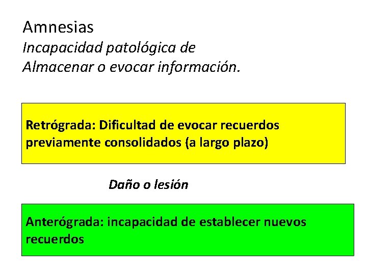 Amnesias Incapacidad patológica de Almacenar o evocar información. Retrógrada: Dificultad de evocar recuerdos previamente