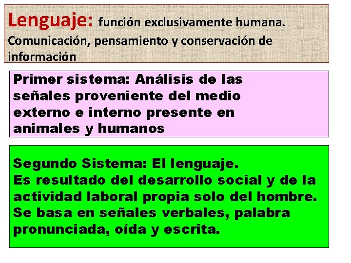 Lenguaje: función exclusivamente humana. Comunicación, pensamiento y conservación de información Primer sistema: Análisis de