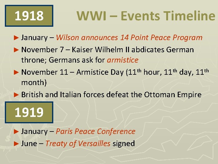 1918 WWI – Events Timeline ► January – Wilson announces 14 Point Peace Program