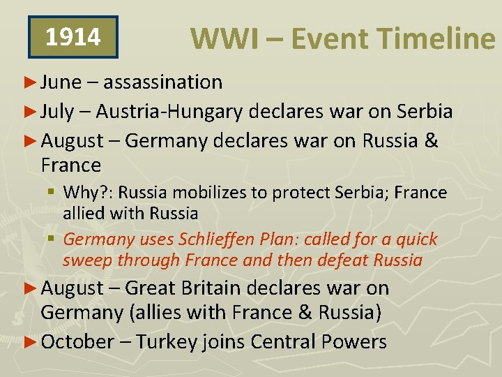 1914 WWI – Event Timeline ► June – assassination ► July – Austria-Hungary declares