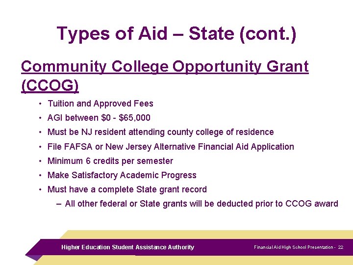 Types of Aid – State (cont. ) Community College Opportunity Grant (CCOG) • Tuition