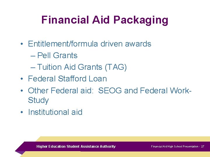 Financial Aid Packaging • Entitlement/formula driven awards – Pell Grants – Tuition Aid Grants