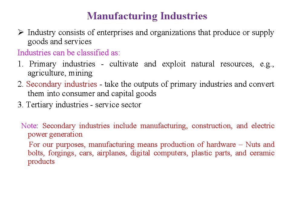 Manufacturing Industries Ø Industry consists of enterprises and organizations that produce or supply goods Manufacturing Industries Ø Industry consists of enterprises and organizations that produce or supply goods