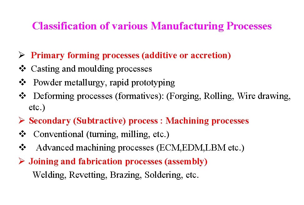 Classification of various Manufacturing Processes Ø Primary forming processes (additive or accretion) v Casting Classification of various Manufacturing Processes Ø Primary forming processes (additive or accretion) v Casting