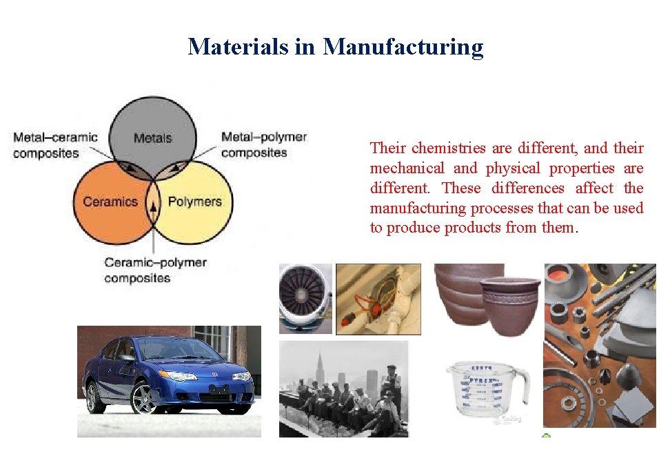 Materials in Manufacturing Their chemistries are different, and their mechanical and physical properties are Materials in Manufacturing Their chemistries are different, and their mechanical and physical properties are