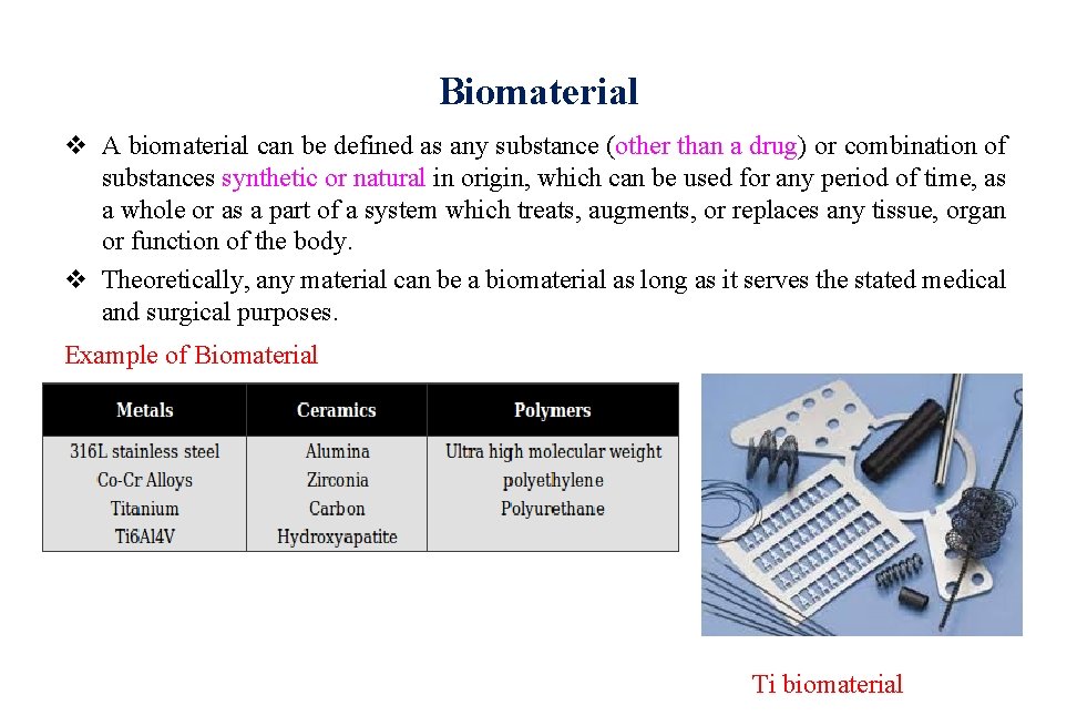 Biomaterial v A biomaterial can be defined as any substance (other than a drug) Biomaterial v A biomaterial can be defined as any substance (other than a drug)