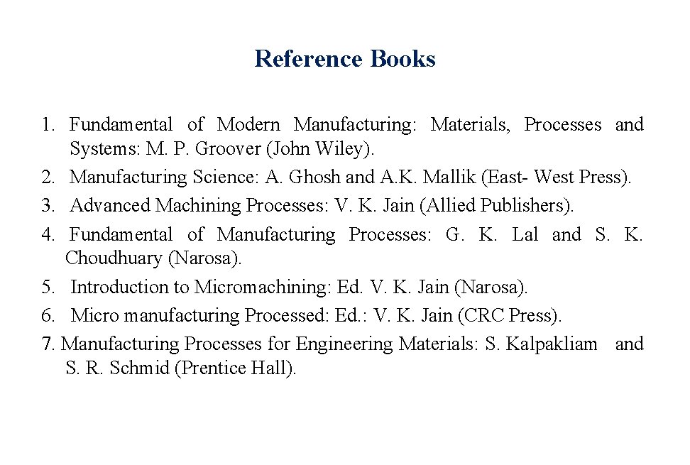 Reference Books 1. Fundamental of Modern Manufacturing: Materials, Processes and Systems: M. P. Groover Reference Books 1. Fundamental of Modern Manufacturing: Materials, Processes and Systems: M. P. Groover