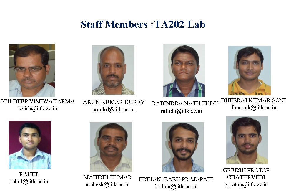 Staff Members : TA 202 Lab KULDEEP VISHWAKARMA ARUN KUMAR DUBEY kvish@iitk. ac. in Staff Members : TA 202 Lab KULDEEP VISHWAKARMA ARUN KUMAR DUBEY kvish@iitk. ac. in