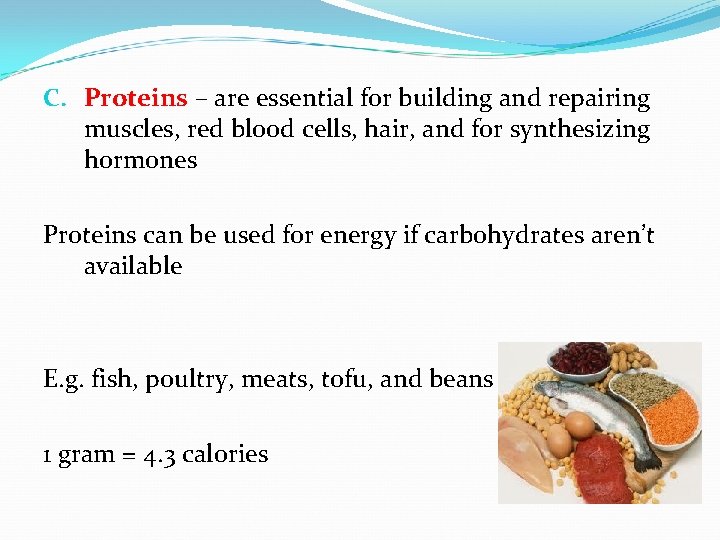 C. Proteins – are essential for building and repairing muscles, red blood cells, hair,