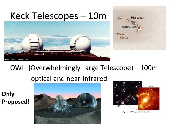 Keck Telescopes – 10 m OWL (Overwhelmingly Large Telescope) – 100 m - optical Keck Telescopes – 10 m OWL (Overwhelmingly Large Telescope) – 100 m - optical