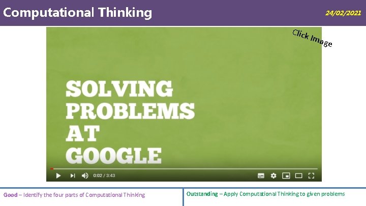 Computational Thinking 24/02/2021 Click Good – Identify the four parts of Computational Thinking Imag